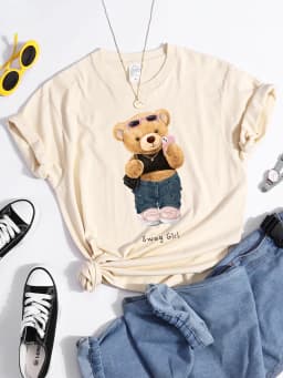 Street Teddy Bear Selfie Swag Girl T-Shirt Vintage Round Neck T-Shirt Vintage Hipster Tshirts Essential Soft Women Tee Shirts