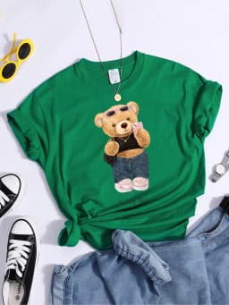 Street Teddy Bear Selfie Swag Girl T-Shirt Vintage Round Neck T-Shirt Vintage Hipster Tshirts Essential Soft Women Tee Shirts