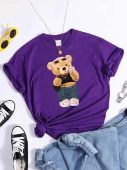 Street Teddy Bear Selfie Swag Girl T-Shirt Vintage Round Neck T-Shirt Vintage Hipster Tshirts Essential Soft Women Tee Shirts