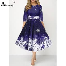 Women Three Quarter Sleeve Dress Loose Vintage Snowflower Print Befree Dress Large Big A-line Party Elegant Mid-Calf Dresses