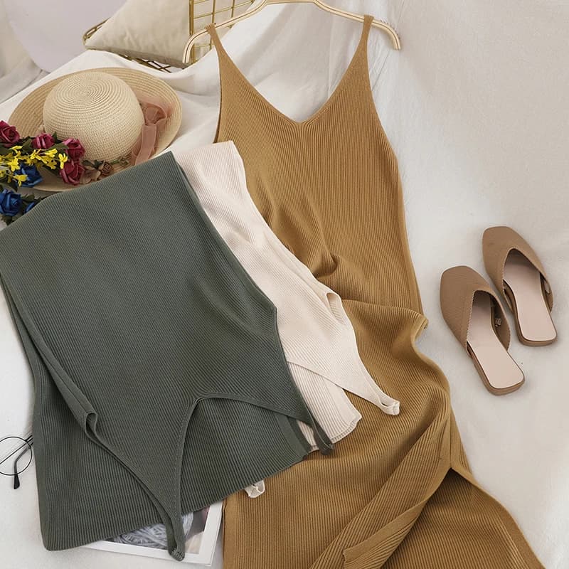 Fashion Knitted Women Dresses Elegant Solid Colid Korean Split Out Sleeveless V-Neck Party Female Dress Vestidos
