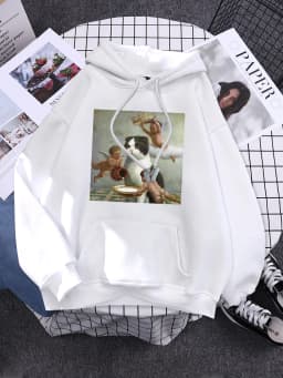 Hoodie Little Angel And Cat Printing Sweatshirt Woman With Hood Aesthetic Korean Couple Clothes Warm Harajuku Women'S Hoodies