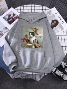 Hoodie Little Angel And Cat Printing Sweatshirt Woman With Hood Aesthetic Korean Couple Clothes Warm Harajuku Women'S Hoodies