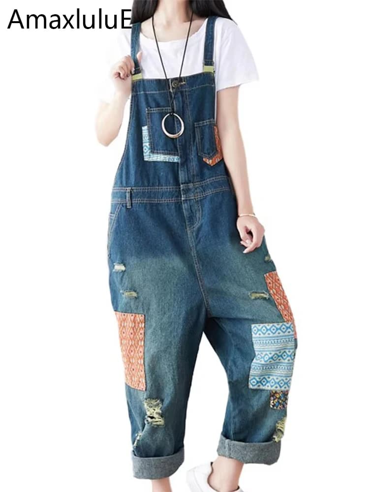 Amax luluE 2024 Fashion Style Spring Female Vintage Patchwork Overalls Womens Ripped Denim Trousers Ladies Loose Bleached jeans
