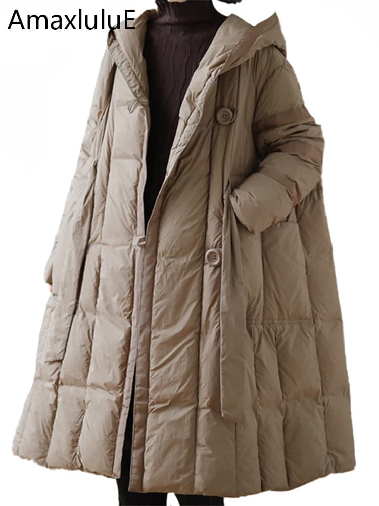AmaxluluE Womens Hooded Design Solid Duck Down Jacket 2025 Winter Korean Style Warm Loose Casual Long Coat Vintage Padded Parkas