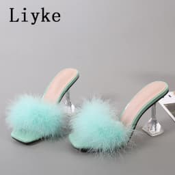 Liyke 9CM Transparent High Heels Fur Slippers Women Feather Sandals Peep Toe Mules Lady Pumps Slides Party Shoes Pink