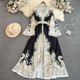 Spring Autumn Women's Dress Vintage Long Sleeve Print Floral High Waist Boho Party Maxi Vestidos Elegant Luxury Long Dresses