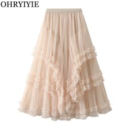 Beige Maxi Long Tulle Skirt Women Spring Summer Mesh Big Hem A-line Skirt Female Lengthen Red Party Skirt Clothes for Lady