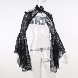 Black See Through Floral Lace Stand Collar Flare Sleeves Steampunk Victorian Jacket Women Cosplay Anime Vintage Coat Gothic Top