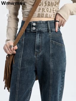 92-96cm Ankle-length Harem Jeans Women Casual Streetwear High Waist Denim Pants New Korean Baggy Vaqueros Straight Kot Pantolon