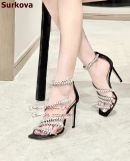 Surkova Crysal Floral Strappy Thin High Heel Sandals Black Suede Square Toe Stiletto Wedding Pumps Rhinestone