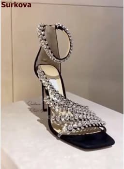Surkova Crysal Floral Strappy Thin High Heel Sandals Black Suede Square Toe Stiletto Wedding Pumps Rhinestone