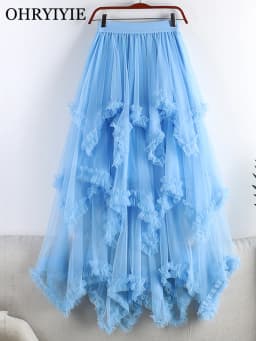 Autumn Winter New 2025 Irregular Cake Tulle Skirt Women Sweet Midi Long High Waist A Line Skirt Female Mesh Party Skirt Lady