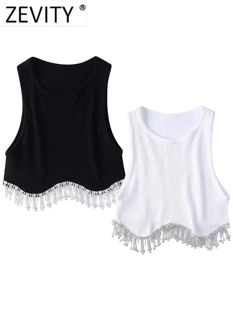 Zevity Women High Street Sexy Hem Tassel Diamond Beading Knitting T Shirt Chic Short Camis Tank Lady Slim Crop Vest Tops LS1311