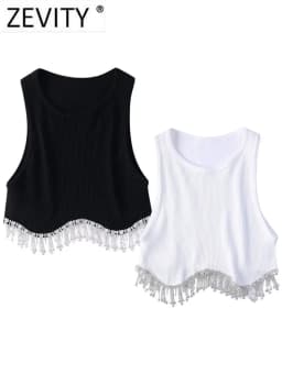 Zevity Women High Street Sexy Hem Tassel Diamond Beading Knitting T Shirt Chic Short Camis Tank Lady Slim Crop Vest Tops LS1311