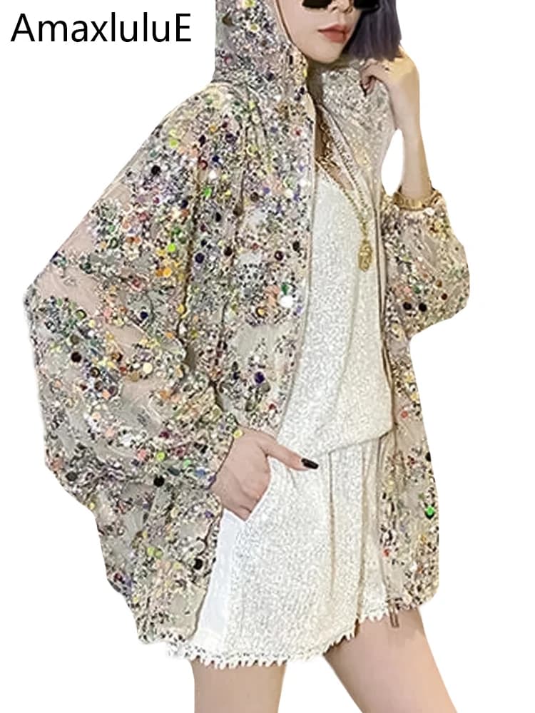 AmaxluluE 2025 Summer British Streetwear Ladies Sequins Hooded Loose Jackets Women Vintage Zippers Coats Female Big Size Clothes