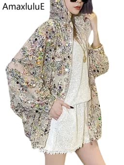 AmaxluluE 2025 Summer British Streetwear Ladies Sequins Hooded Loose Jackets Women Vintage Zippers Coats Female Big Size Clothes