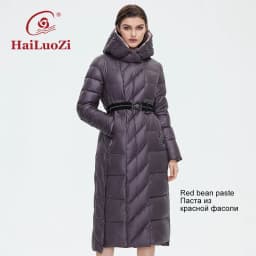 HaiLuoZi Women's Winter Jacket Fashion Long Knee Length Thick Women Coat Unique Design Splicing Diagonal Belt Cotten Parkas 6037