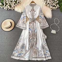Vintage Women's Dress Long Sleeve Print Floral High Waist Boho Party Maxi Vestidos Elegant Luxury Long Dresses Spring Autumn