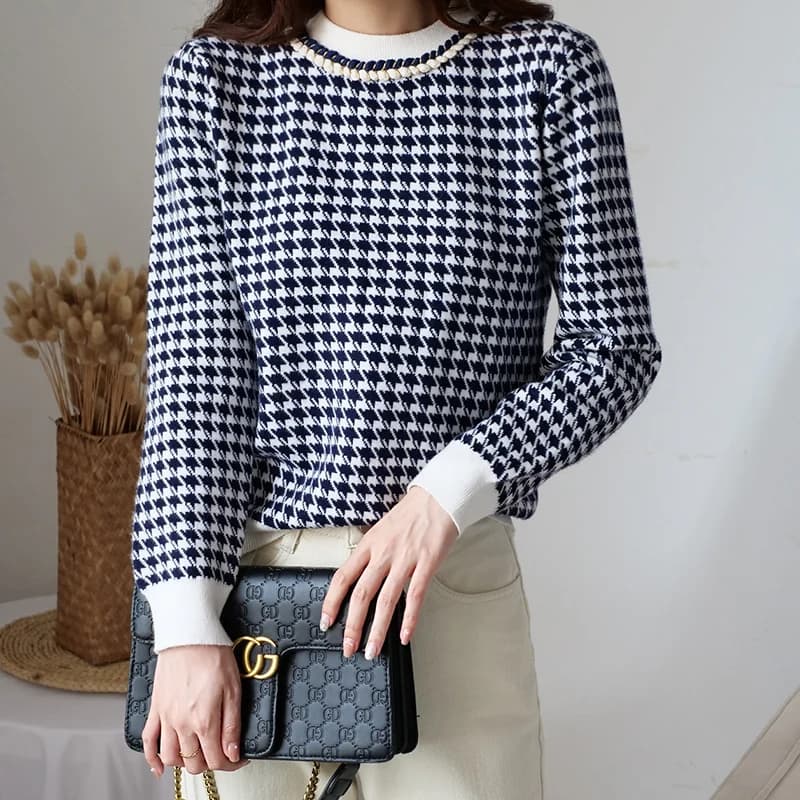 Women Geometric WOOL Knitted Sweater Casual Houndstooth Lady Pullover Sweater Female Autumn Winter Retro Jumper