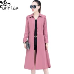 UHYTGF Women Spring Trench Coat Single-Breasted Elegant Female Long Windbreaker Pure Wild Loose Thin 4XL Big Size Outerwear 1484