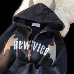 Hip Hop Dark Bat Wing Devil Horn Gothic Zip Up Hoodie Jacket Men Women Oversized Sweatshirt Kawaii Clothes Harajuku Winter Y2K
