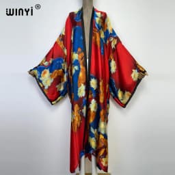 WINYI new bright fashion printing sweet lady beach Bohemian long Cardigan Cover-up stitch Casual Boho Maxi Holiday party kimono