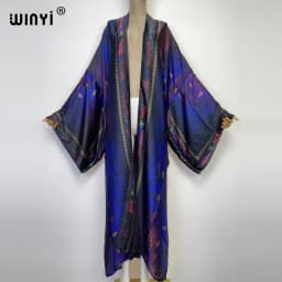 WINYI new bright fashion printing sweet lady beach Bohemian long Cardigan Cover-up stitch Casual Boho Maxi Holiday party kimono