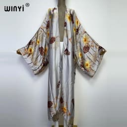 WINYI new bright fashion printing sweet lady beach Bohemian long Cardigan Cover-up stitch Casual Boho Maxi Holiday party kimono