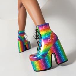 Rainbow Glossy Patent Leather Super Platform Fashion Short Boots Square Toe Super Chunky Heel Punk Style Bat Print Women's Boots