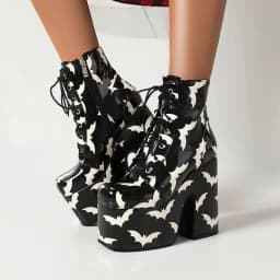 Rainbow Glossy Patent Leather Super Platform Fashion Short Boots Square Toe Super Chunky Heel Punk Style Bat Print Women's Boots
