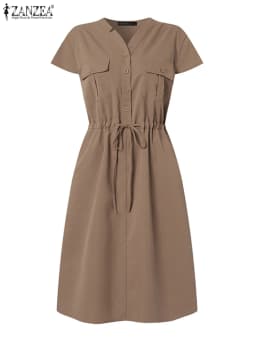 ZANZEA Summer Short Sleeve Solid Knee-length Dress Fashion Women V Neck Casual Drawstring Waist Vestidos Party Beach Sundress