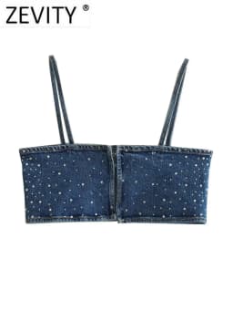 Zevity Women Sexy Hot Drilling Denim Short Sling Blouse Female Back Buckle Strap Blusas Chic Crop Tops LS3151