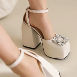 Plus Size Square Toe Super High Thick Heel Rhinestone Decal Hollow Sexy Women's Sandals Satin Fabric Ankle Strap Platform Sandal