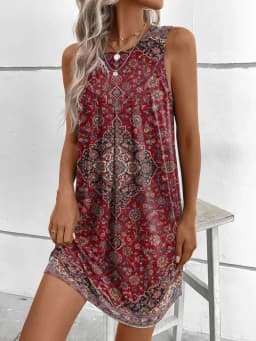 Vintage Women Sleeveless Geometry Printed Ethnic Style Dress Summer Tank Beach Loose Mini Dress Casual Fashion Clothing Vestidos