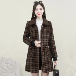 UHYTGF XL-6XL Winter Coat Women Fashion Stitching Medium Length Plaid Woolen Jacket Female Korean Slim Warm Ladies Overcoat 2261