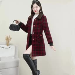 UHYTGF XL-6XL Winter Coat Women Fashion Stitching Medium Length Plaid Woolen Jacket Female Korean Slim Warm Ladies Overcoat 2261