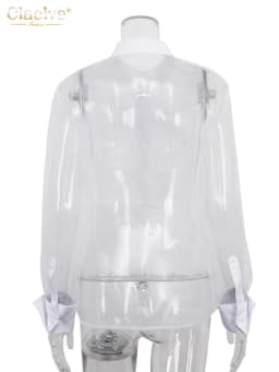 Clacive Fashion Woman Blouse 2023 Sexy Lapel Long Sleeve Office Shirts Elegant Mesh Patchwork See Through Tops Female Clothing
