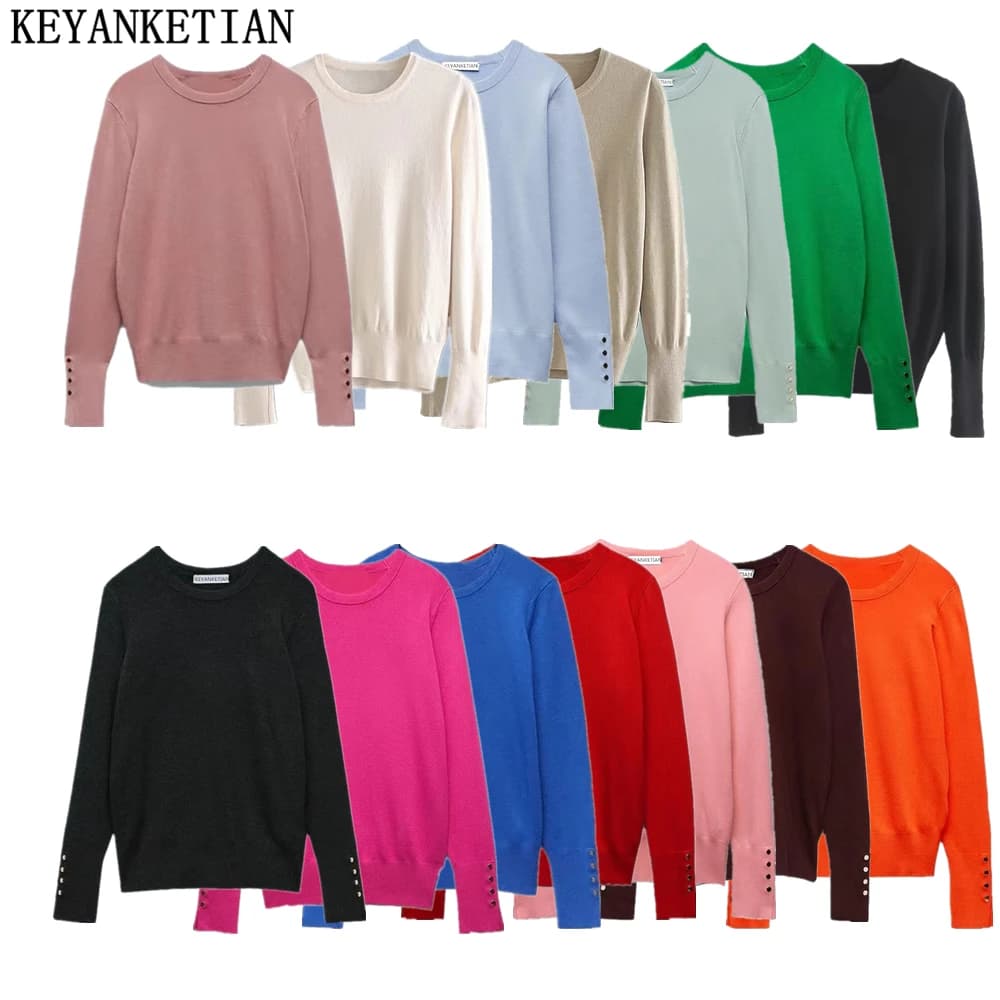 KEYANKETIAN Women's O-Necked Long Sleeves With Buttons Pullover Sweater Female Casual Solid High-Stretch Shirts Chic Ladies Top