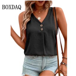 2023 New Women Summer Button V-Neck Sleeveless Blouses Casual Solid Color Tank Tops Ladies Loose Oversized Vest Streetwear Shirt