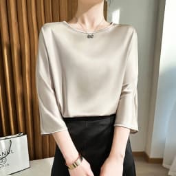 Summer New Short-Sleeved Acetic Acid Satin Round Neck Loose Joker T-Shirt Women's Mid-Sleeve Five-Point Sleeve Jacket Short