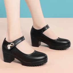 Fashion Non-slip Thick Sole Block Heel Sweet Light Weight High Quality Black Soft Leather Square Heel Model Women Shoes