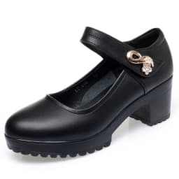 Fashion Non-slip Thick Sole Block Heel Sweet Light Weight High Quality Black Soft Leather Square Heel Model Women Shoes