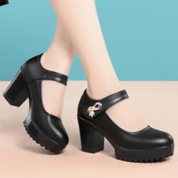 Fashion Non-slip Thick Sole Block Heel Sweet Light Weight High Quality Black Soft Leather Square Heel Model Women Shoes