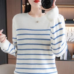 Spring And Autumn Striped Sweater Women's New Loose Crew-Neck Pullover Long Sleeve With Bottom Wool Sweater2024
