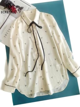 Birdtree 100%Real Silk Women Lace-up Shirt Bow Collar Vintage Print Long Sleeve Commute Blouse Office Lady 2024 Spring T41115QM