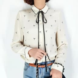 Birdtree 100%Real Silk Women Lace-up Shirt Bow Collar Vintage Print Long Sleeve Commute Blouse Office Lady 2024 Spring T41115QM