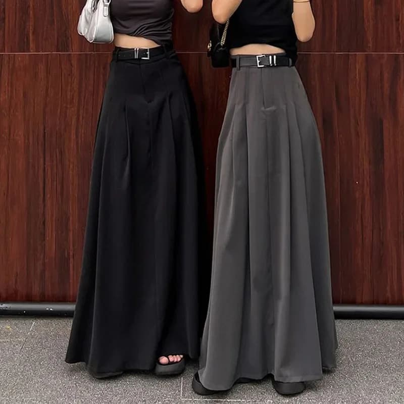 Lucyever Vintage Streetwear Pleated Long Skirts Women Elegant with Belt High Waisted Skirts Female Temperament Midi Suit Skirt