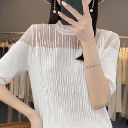 Summer Lace Stitching Ice Silk Knitted Short Sleeve T-Shirt Women Loose Solid Color Mesh Half Sleeve Blouse Thin