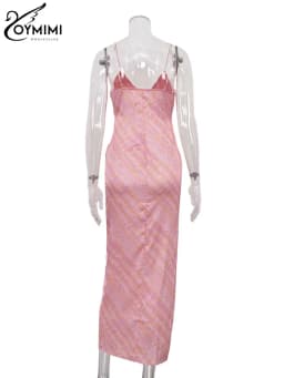 Oymimi Fashion Pink Print Womens Dresses Elegant Spaghetti Strap V-Neck Open Back Dresses Summer Side Slit Floor-Length Dress